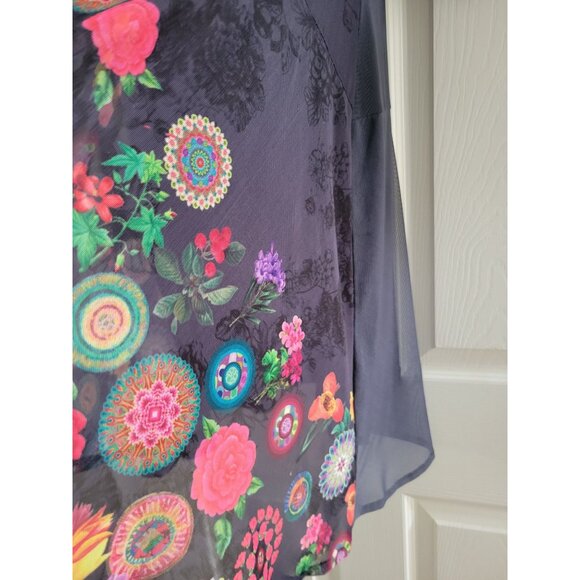 Desigual Womens black Sheer Floral dress Asymmetrical hem size Large boho Art - Picture 5 of 8